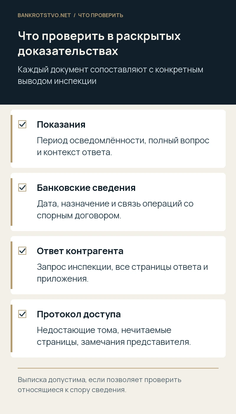 Что проверить в раскрытых доказательствах. Показания: Период осведомлённости, полный вопрос и контекст ответа.; Банковские сведения: Дата, назначение и связь операций со спорным договором.; Ответ контрагента: Запрос инспекции, все страницы ответа и приложения.; Протокол доступа: Недостающие тома, нечитаемые страницы, замечания представителя.