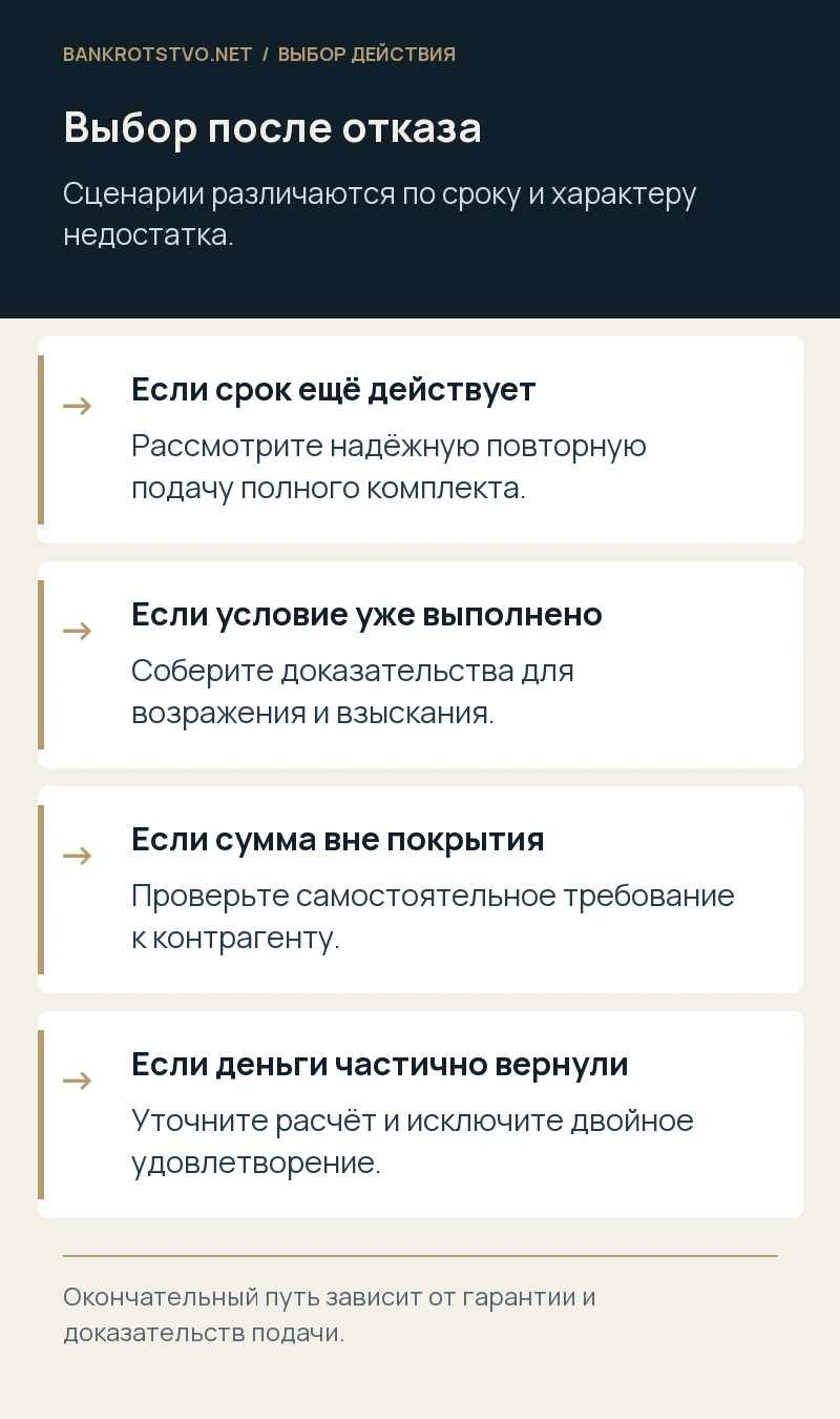 Выбор после отказа. Если срок ещё действует: Рассмотрите надёжную повторную подачу полного комплекта.; Если условие уже выполнено: Соберите доказательства для возражения и взыскания.; Если сумма вне покрытия: Проверьте самостоятельное требование к контрагенту.; Если деньги частично вернули: Уточните расчёт и исключите двойное удовлетворение.