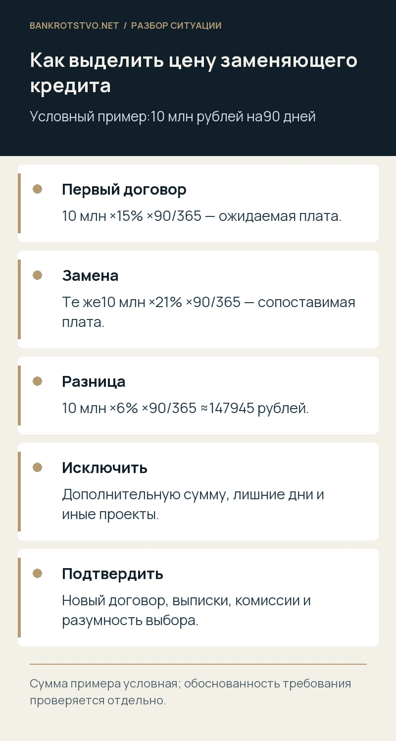 Как выделить цену заменяющего кредита. Первый договор: 10 млн ×15% ×90/365 — ожидаемая плата.; Замена: Те же10 млн ×21% ×90/365 — сопоставимая плата.; Разница: 10 млн ×6% ×90/365 ≈147945 рублей.; Исключить: Дополнительную сумму, лишние дни и иные проекты.; Подтвердить: Новый договор, выписки, комиссии и разумность выбора.