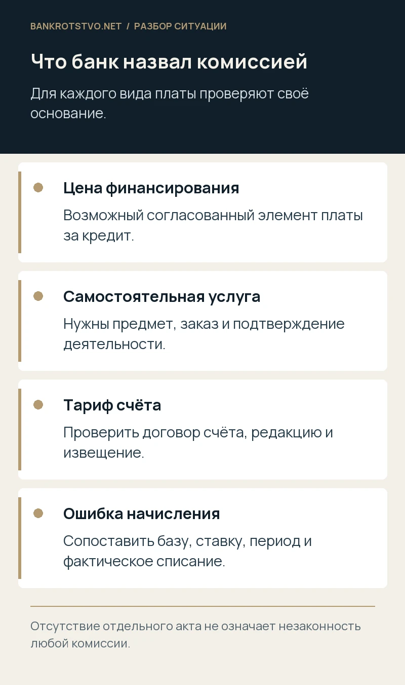 Что банк назвал комиссией. Цена финансирования: Возможный согласованный элемент платы за кредит.; Самостоятельная услуга: Нужны предмет, заказ и подтверждение деятельности.; Тариф счёта: Проверить договор счёта, редакцию и извещение.; Ошибка начисления: Сопоставить базу, ставку, период и фактическое списание.