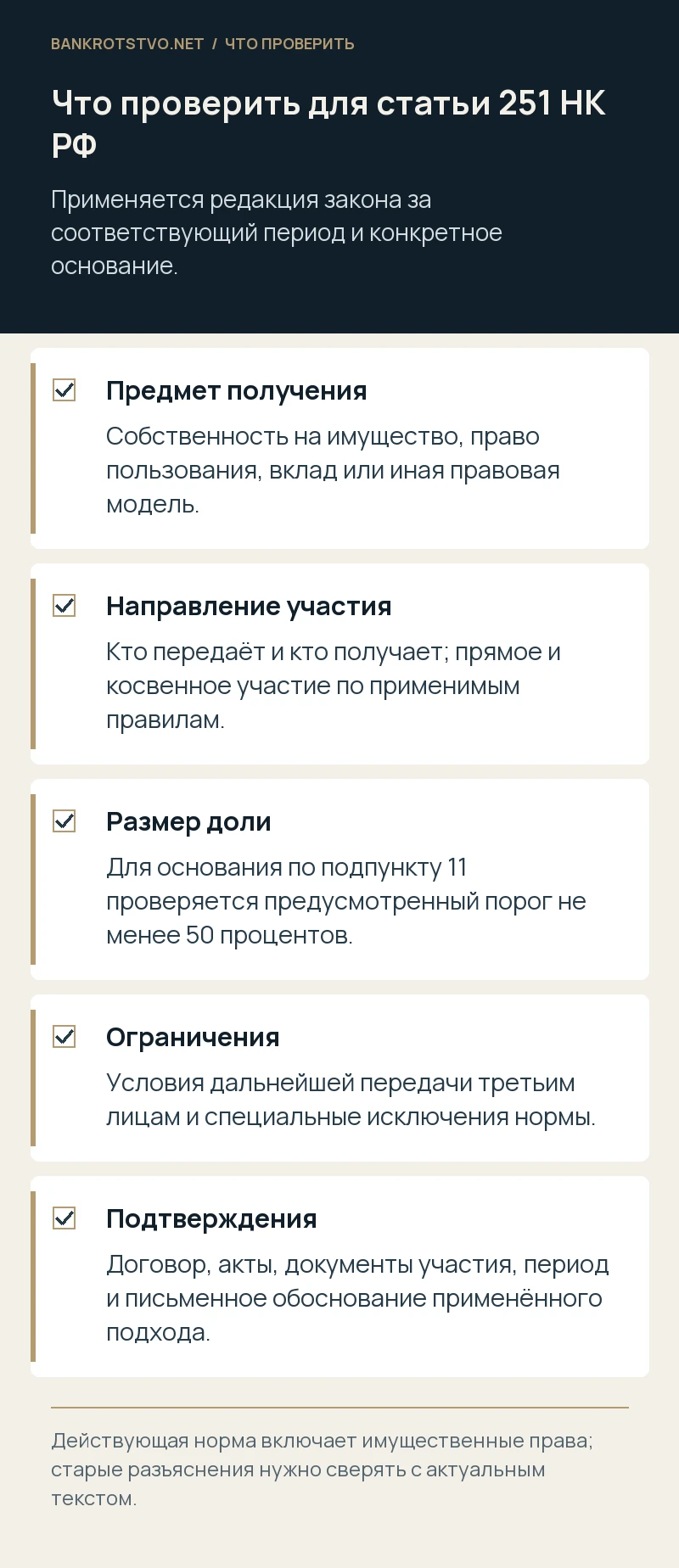 Что проверить для статьи 251 НК РФ. Предмет получения: Собственность на имущество, право пользования, вклад или иная правовая модель.; Направление участия: Кто передаёт и кто получает; прямое и косвенное участие по применимым правилам.; Размер доли: Для основания по подпункту 11 проверяется предусмотренный порог не менее 50 процентов.; Ограничения: Условия дальнейшей передачи третьим лицам и специальные исключения нормы.; Подтверждения: Договор, акты, документы участия, период и письменное обоснование применённого подхода.