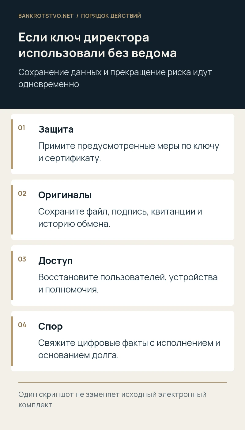 Если ключ директора использовали без ведома. Защита: Примите предусмотренные меры по ключу и сертификату.; Оригиналы: Сохраните файл, подпись, квитанции и историю обмена.; Доступ: Восстановите пользователей, устройства и полномочия.; Спор: Свяжите цифровые факты с исполнением и основанием долга.