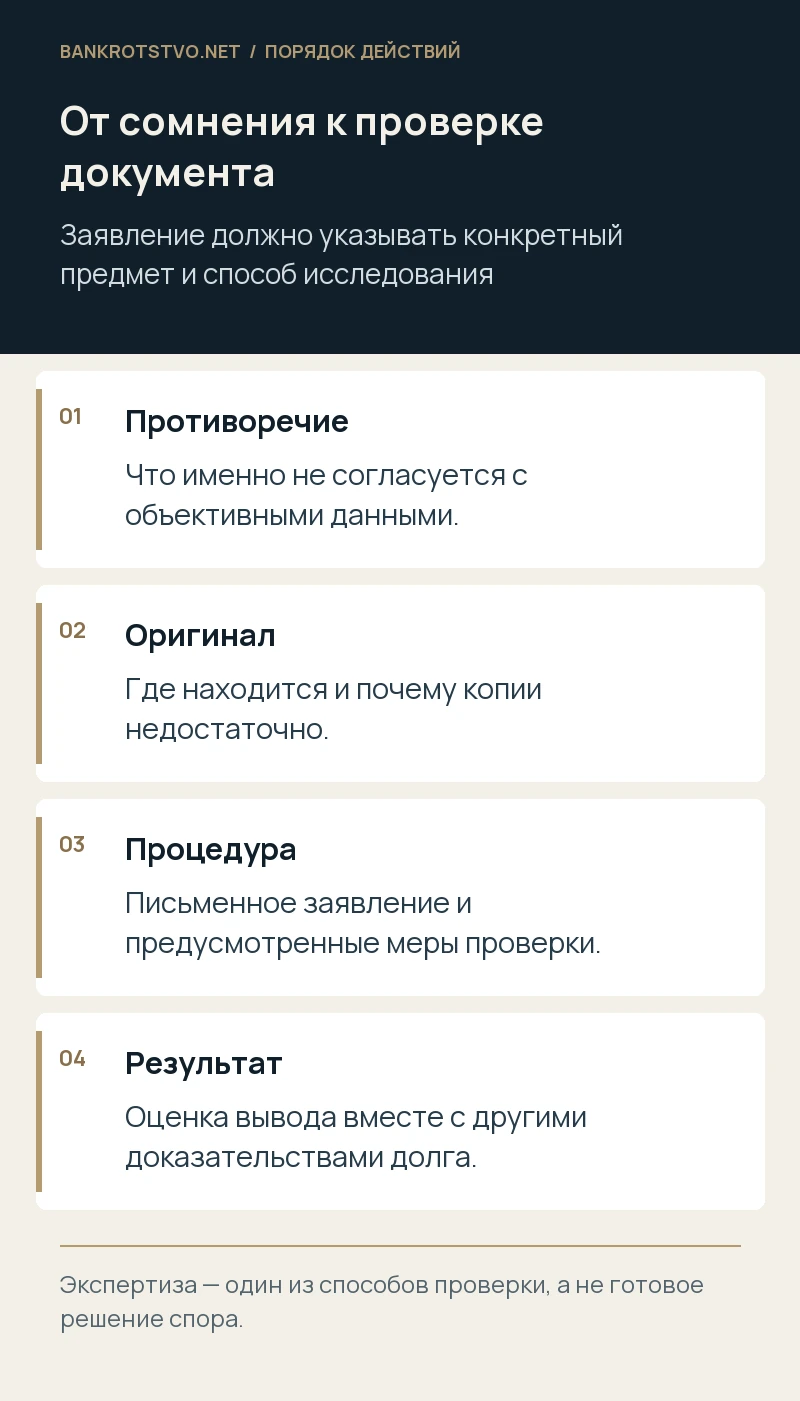 От сомнения к проверке документа. Противоречие: Что именно не согласуется с объективными данными.; Оригинал: Где находится и почему копии недостаточно.; Процедура: Письменное заявление и предусмотренные меры проверки.; Результат: Оценка вывода вместе с другими доказательствами долга.