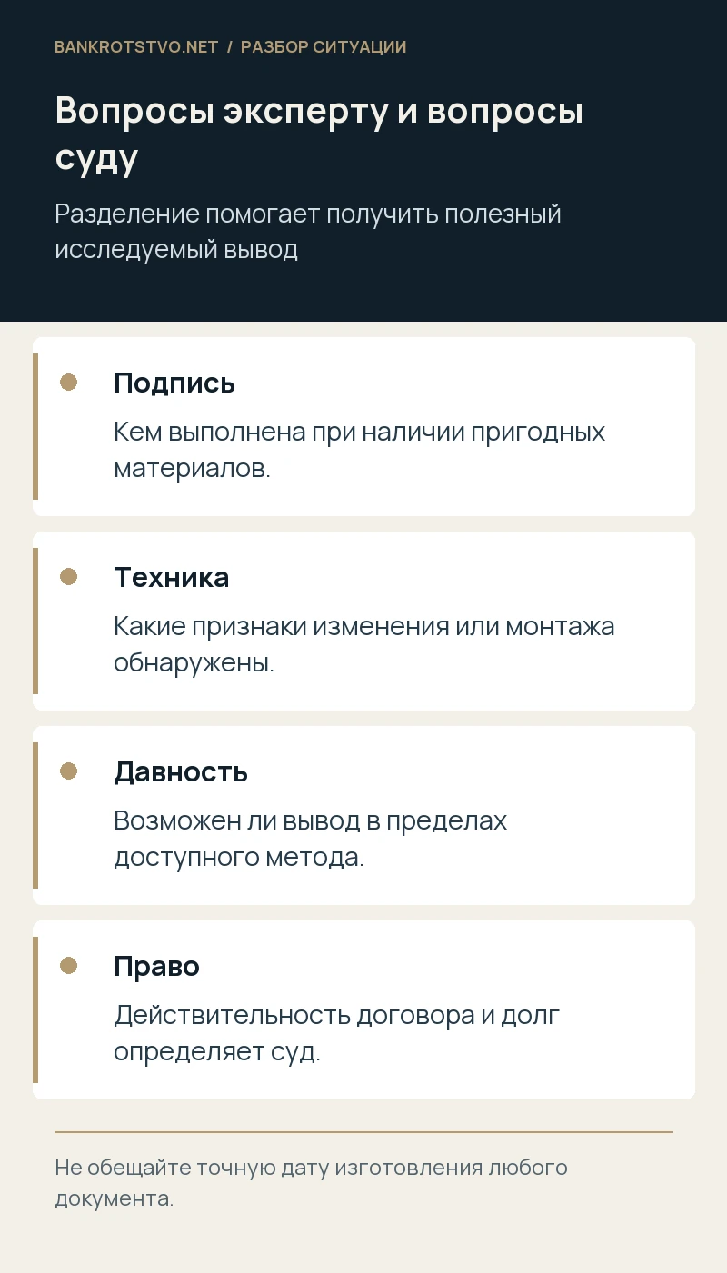 Вопросы эксперту и вопросы суду. Подпись: Кем выполнена при наличии пригодных материалов.; Техника: Какие признаки изменения или монтажа обнаружены.; Давность: Возможен ли вывод в пределах доступного метода.; Право: Действительность договора и долг определяет суд.