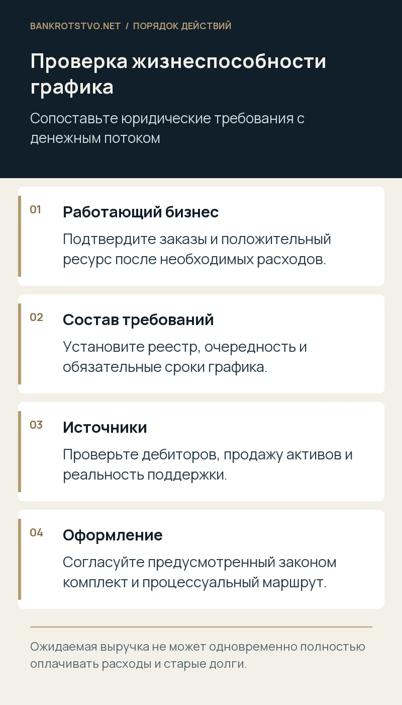 Проверка жизнеспособности графика. Работающий бизнес: Подтвердите заказы и положительный ресурс после необходимых расходов.; Состав требований: Установите реестр, очередность и обязательные сроки графика.; Источники: Проверьте дебиторов, продажу активов и реальность поддержки.; Оформление: Согласуйте предусмотренный законом комплект и процессуальный маршрут.
