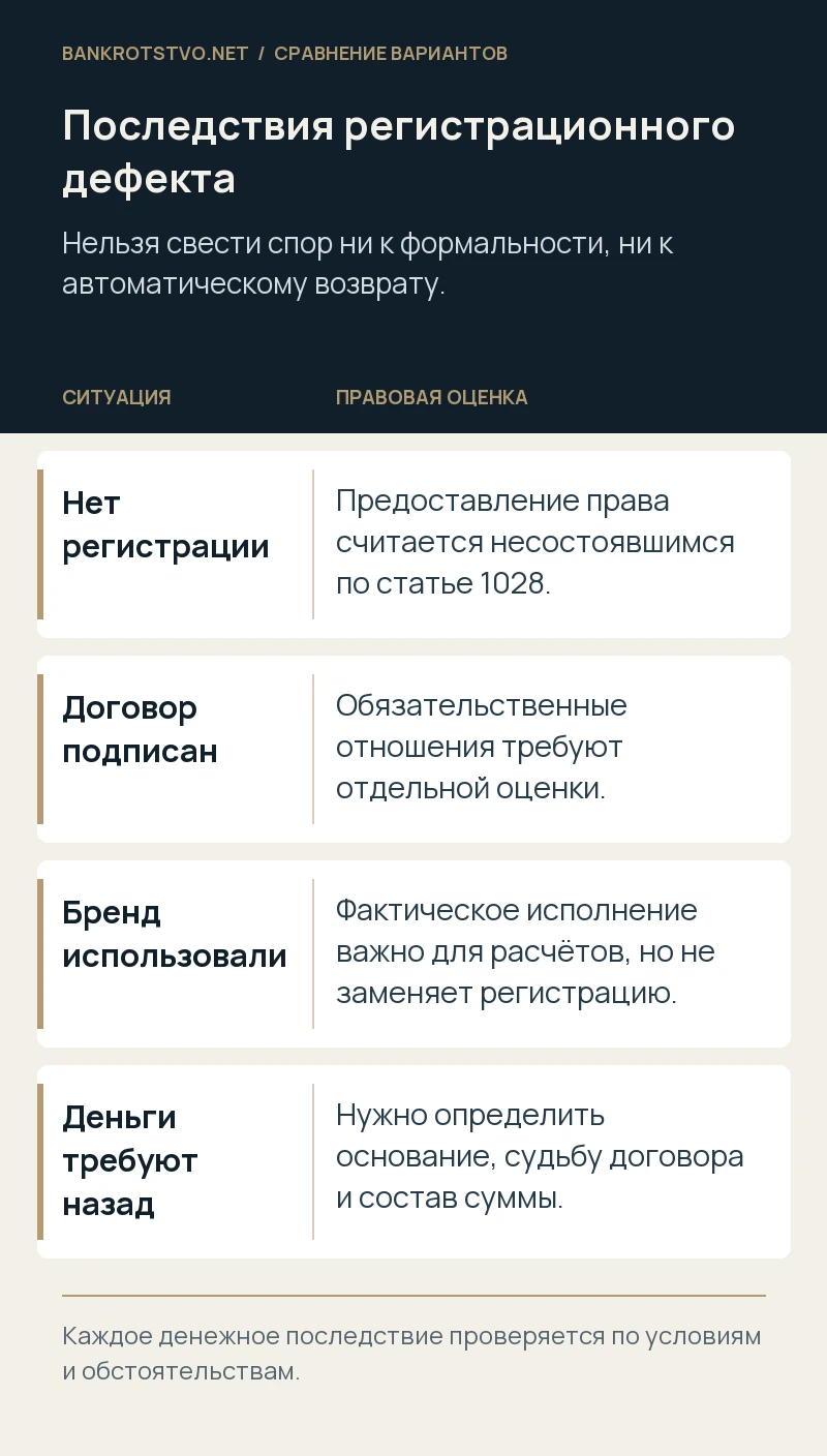 Последствия регистрационного дефекта. Нет регистрации: Предоставление права считается несостоявшимся по статье 1028.; Договор подписан: Обязательственные отношения требуют отдельной оценки.; Бренд использовали: Фактическое исполнение важно для расчётов, но не заменяет регистрацию.; Деньги требуют назад: Нужно определить основание, судьбу договора и состав суммы.
