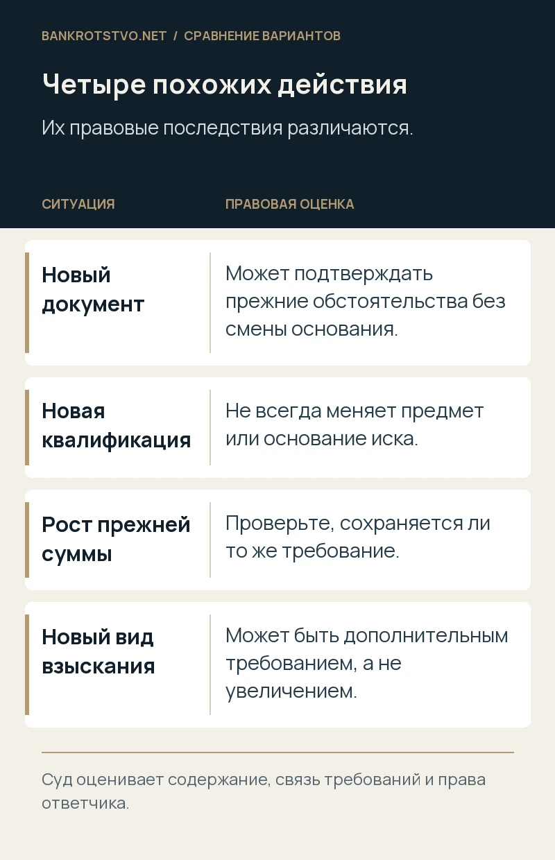 Четыре похожих действия. Новый документ: Может подтверждать прежние обстоятельства без смены основания.; Новая квалификация: Не всегда меняет предмет или основание иска.; Рост прежней суммы: Проверьте, сохраняется ли то же требование.; Новый вид взыскания: Может быть дополнительным требованием, а не увеличением.