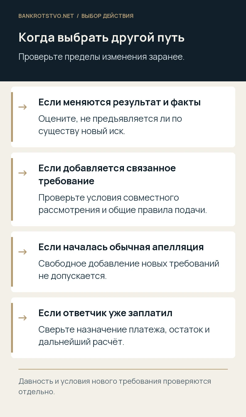 Когда выбрать другой путь. Если меняются результат и факты: Оцените, не предъявляется ли по существу новый иск.; Если добавляется связанное требование: Проверьте условия совместного рассмотрения и общие правила подачи.; Если началась обычная апелляция: Свободное добавление новых требований не допускается.; Если ответчик уже заплатил: Сверьте назначение платежа, остаток и дальнейший расчёт.