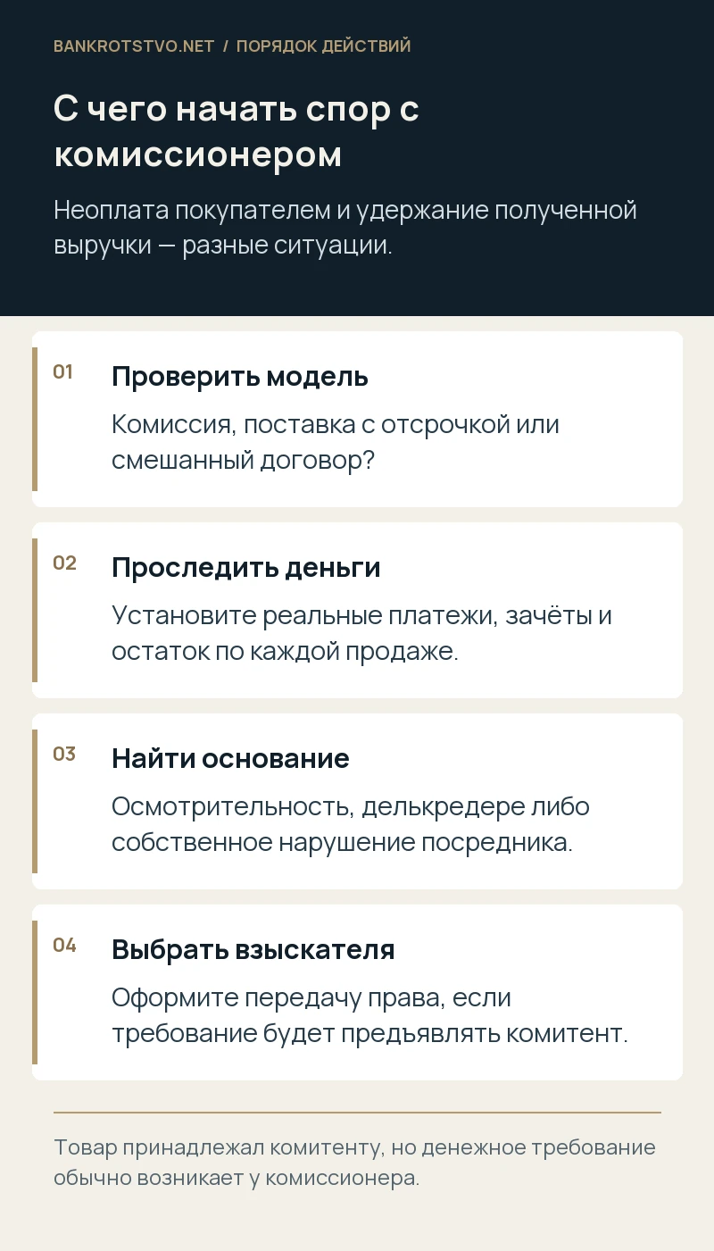 С чего начать спор с комиссионером. Проверить модель: Комиссия, поставка с отсрочкой или смешанный договор?; Проследить деньги: Установите реальные платежи, зачёты и остаток по каждой продаже.; Найти основание: Осмотрительность, делькредере либо собственное нарушение посредника.; Выбрать взыскателя: Оформите передачу права, если требование будет предъявлять комитент.