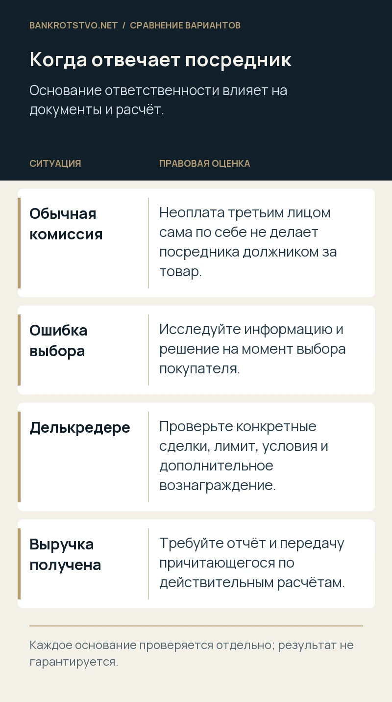 Когда отвечает посредник. Обычная комиссия: Неоплата третьим лицом сама по себе не делает посредника должником за товар.; Ошибка выбора: Исследуйте информацию и решение на момент выбора покупателя.; Делькредере: Проверьте конкретные сделки, лимит, условия и дополнительное вознаграждение.; Выручка получена: Требуйте отчёт и передачу причитающегося по действительным расчётам.