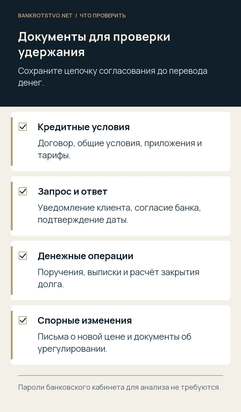 Документы для проверки удержания. Кредитные условия: Договор, общие условия, приложения и тарифы.; Запрос и ответ: Уведомление клиента, согласие банка, подтверждение даты.; Денежные операции: Поручения, выписки и расчёт закрытия долга.; Спорные изменения: Письма о новой цене и документы об урегулировании.