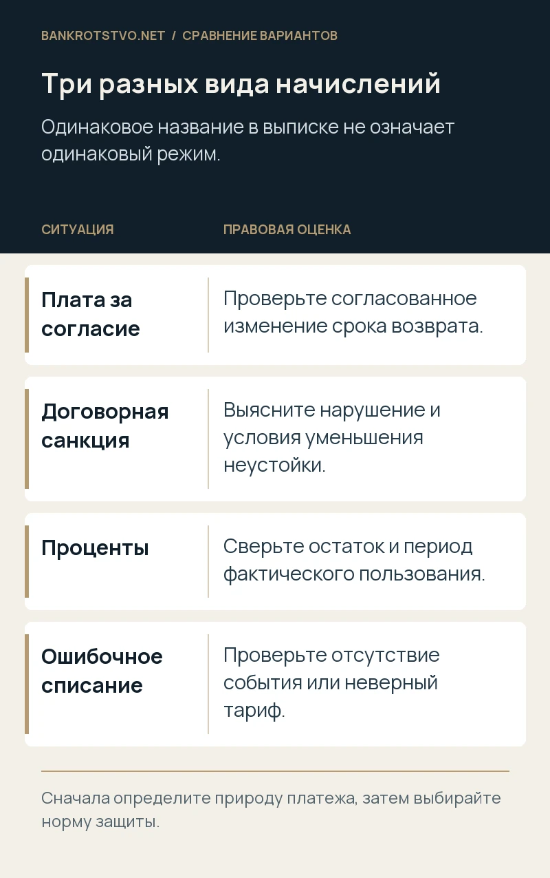 Три разных вида начислений. Плата за согласие: Проверьте согласованное изменение срока возврата.; Договорная санкция: Выясните нарушение и условия уменьшения неустойки.; Проценты: Сверьте остаток и период фактического пользования.; Ошибочное списание: Проверьте отсутствие события или неверный тариф.