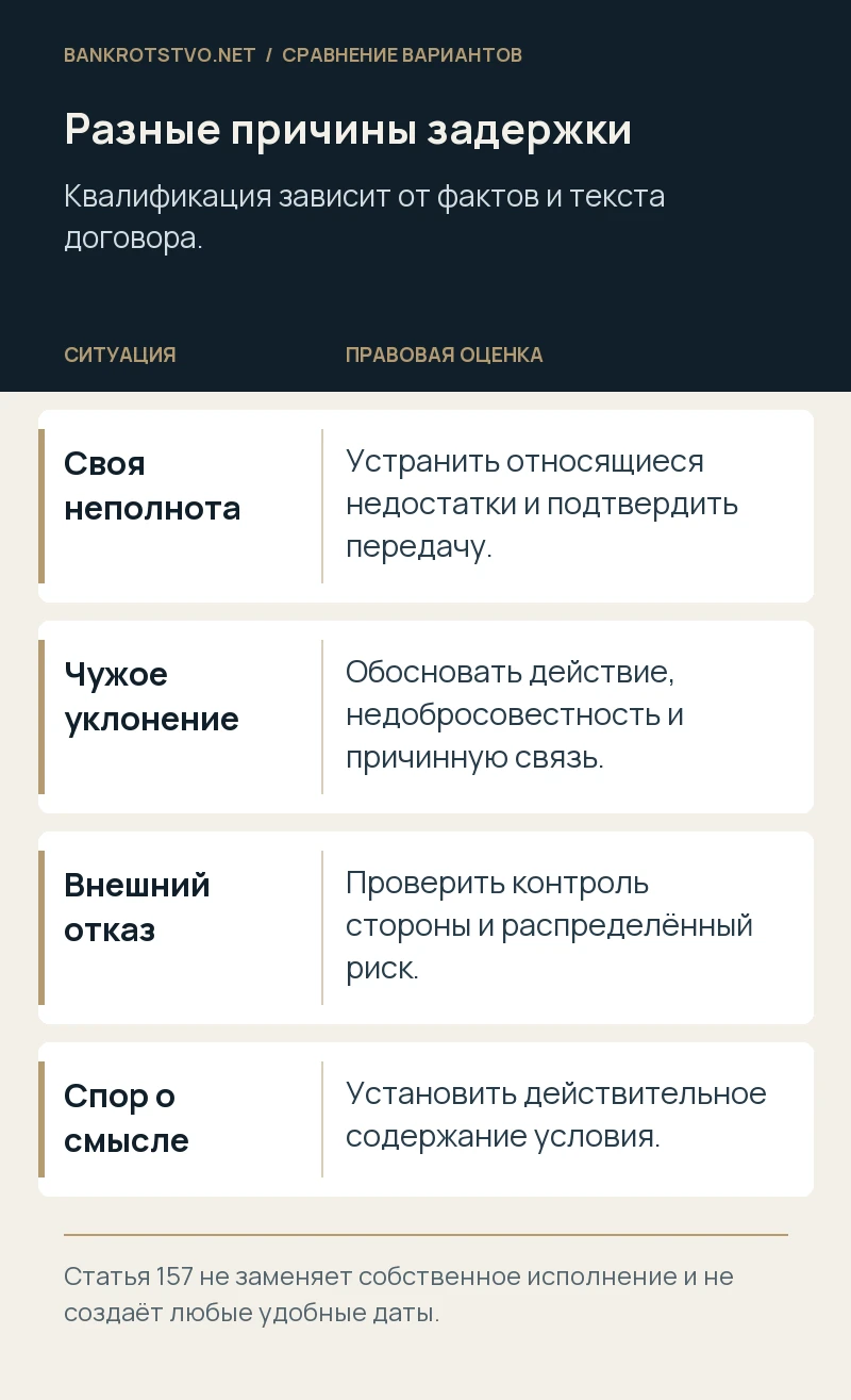 Разные причины задержки. Своя неполнота: Устранить относящиеся недостатки и подтвердить передачу.; Чужое уклонение: Обосновать действие, недобросовестность и причинную связь.; Внешний отказ: Проверить контроль стороны и распределённый риск.; Спор о смысле: Установить действительное содержание условия.