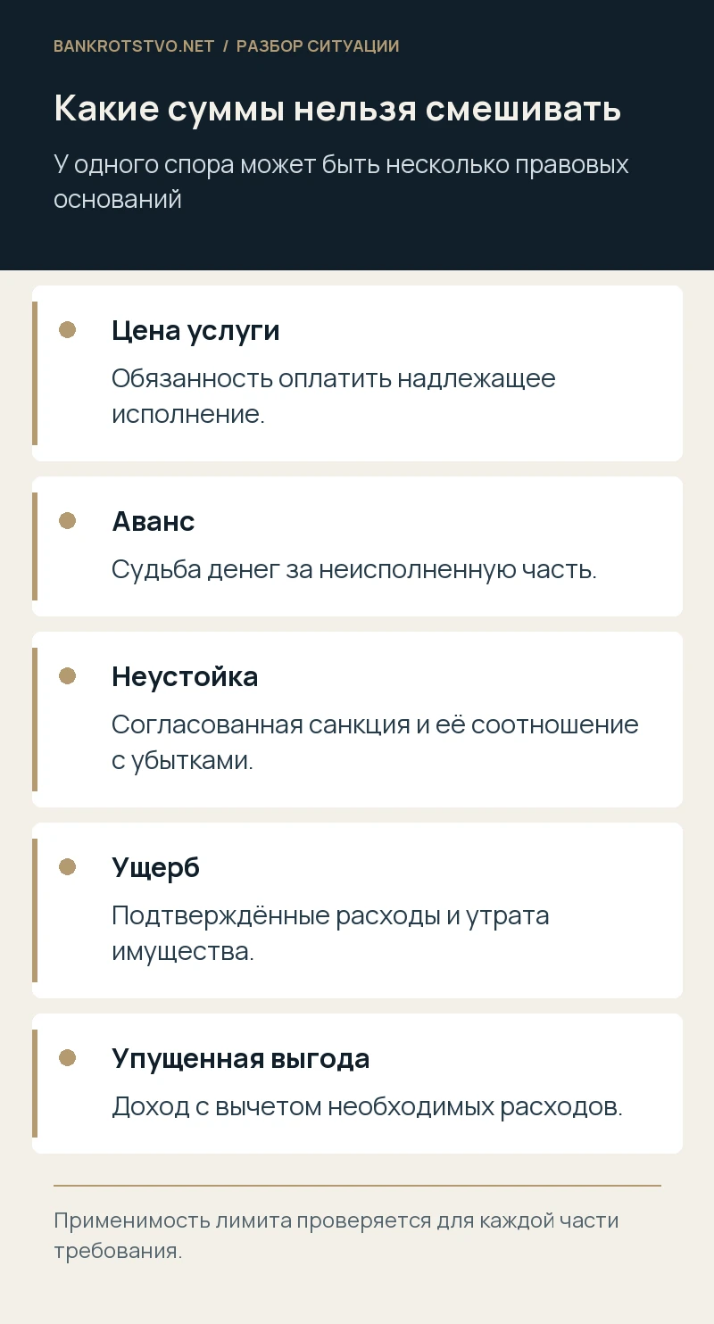 Какие суммы нельзя смешивать. Цена услуги: Обязанность оплатить надлежащее исполнение.; Аванс: Судьба денег за неисполненную часть.; Неустойка: Согласованная санкция и её соотношение с убытками.; Ущерб: Подтверждённые расходы и утрата имущества.; Упущенная выгода: Доход с вычетом необходимых расходов.