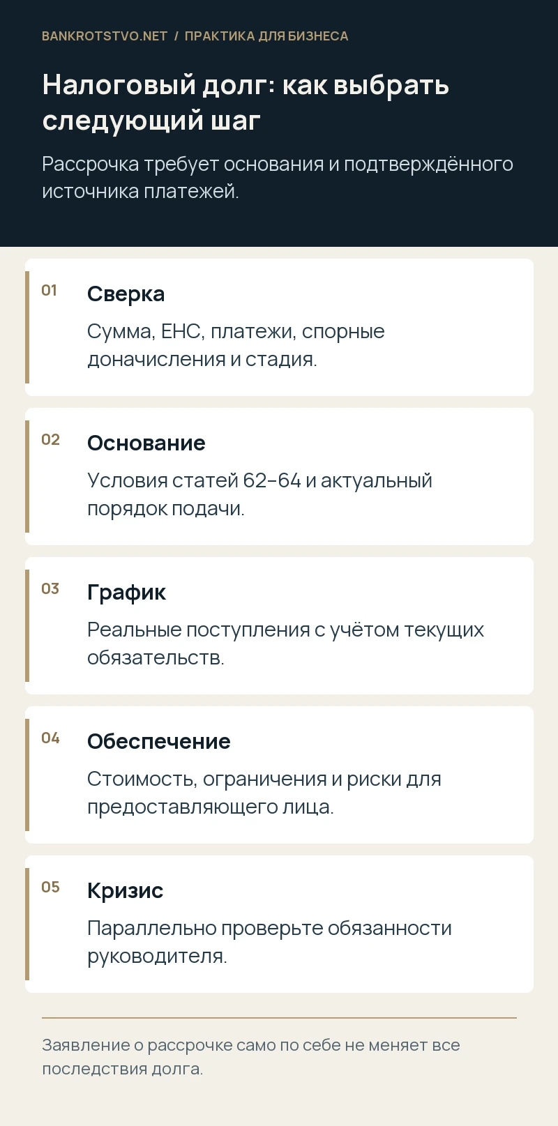 Налоговый долг: как выбрать следующий шаг. Сверка: Сумма, ЕНС, платежи, спорные доначисления и стадия.; Основание: Условия статей 62–64 и актуальный порядок подачи.; График: Реальные поступления с учётом текущих обязательств.; Обеспечение: Стоимость, ограничения и риски для предоставляющего лица.; Кризис: Параллельно проверьте обязанности руководителя.