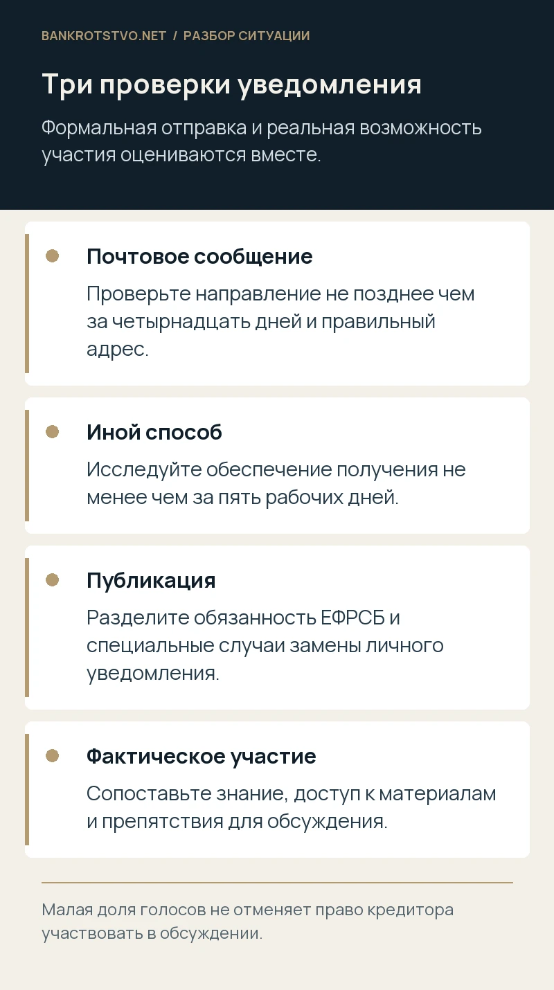 Три проверки уведомления. Почтовое сообщение: Проверьте направление не позднее чем за четырнадцать дней и правильный адрес.; Иной способ: Исследуйте обеспечение получения не менее чем за пять рабочих дней.; Публикация: Разделите обязанность ЕФРСБ и специальные случаи замены личного уведомления.; Фактическое участие: Сопоставьте знание, доступ к материалам и препятствия для обсуждения.