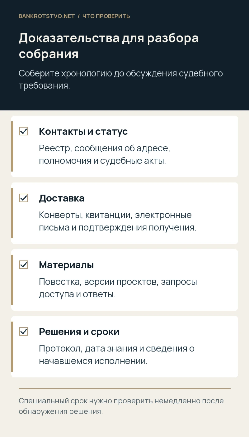 Доказательства для разбора собрания. Контакты и статус: Реестр, сообщения об адресе, полномочия и судебные акты.; Доставка: Конверты, квитанции, электронные письма и подтверждения получения.; Материалы: Повестка, версии проектов, запросы доступа и ответы.; Решения и сроки: Протокол, дата знания и сведения о начавшемся исполнении.