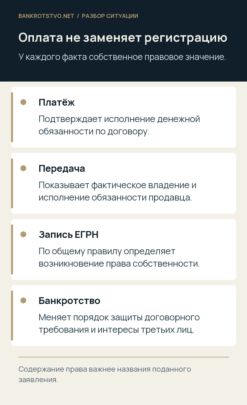 Оплата не заменяет регистрацию. Платёж: Подтверждает исполнение денежной обязанности по договору.; Передача: Показывает фактическое владение и исполнение обязанности продавца.; Запись ЕГРН: По общему правилу определяет возникновение права собственности.; Банкротство: Меняет порядок защиты договорного требования и интересы третьих лиц.