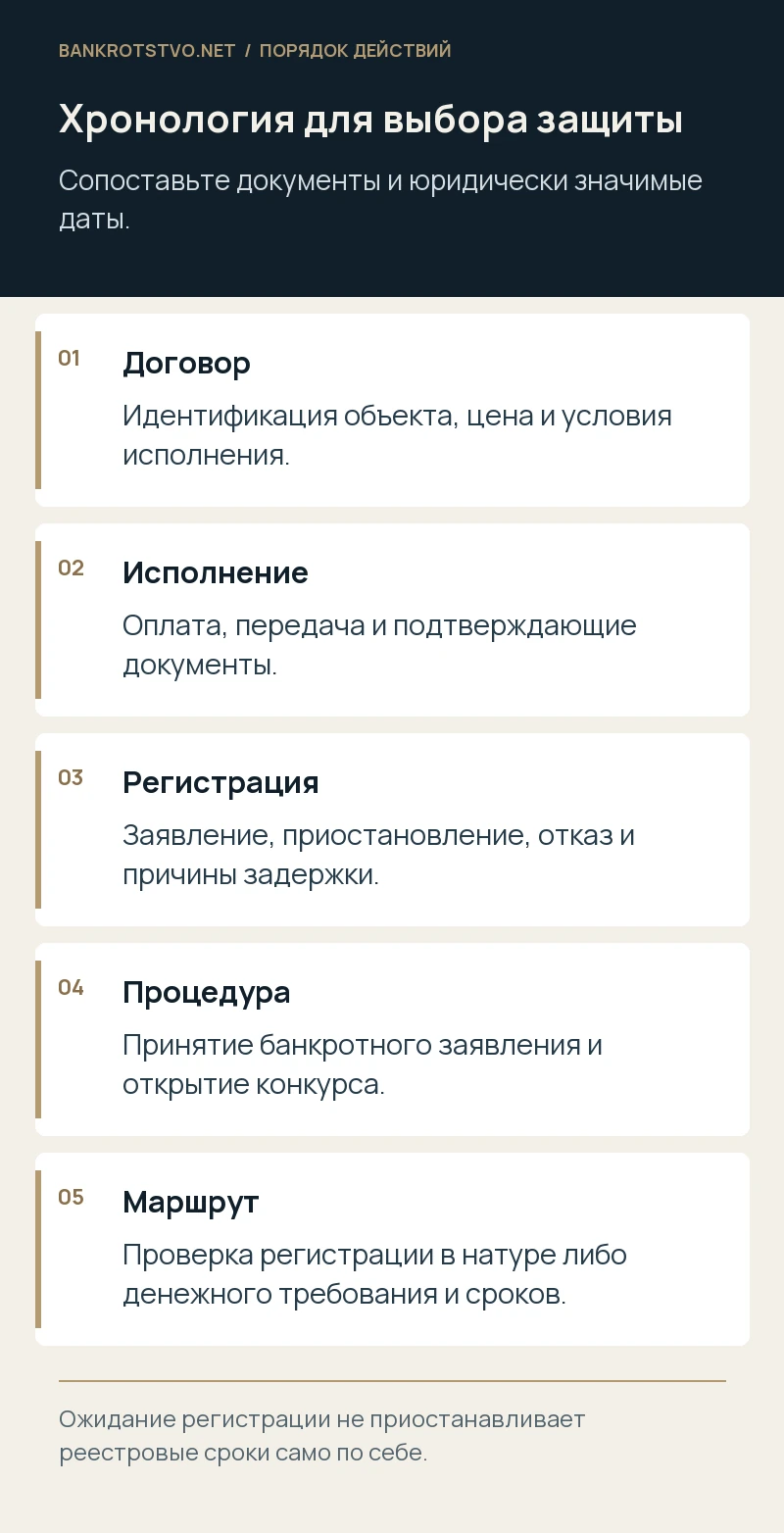Хронология для выбора защиты. Договор: Идентификация объекта, цена и условия исполнения.; Исполнение: Оплата, передача и подтверждающие документы.; Регистрация: Заявление, приостановление, отказ и причины задержки.; Процедура: Принятие банкротного заявления и открытие конкурса.; Маршрут: Проверка регистрации в натуре либо денежного требования и сроков.