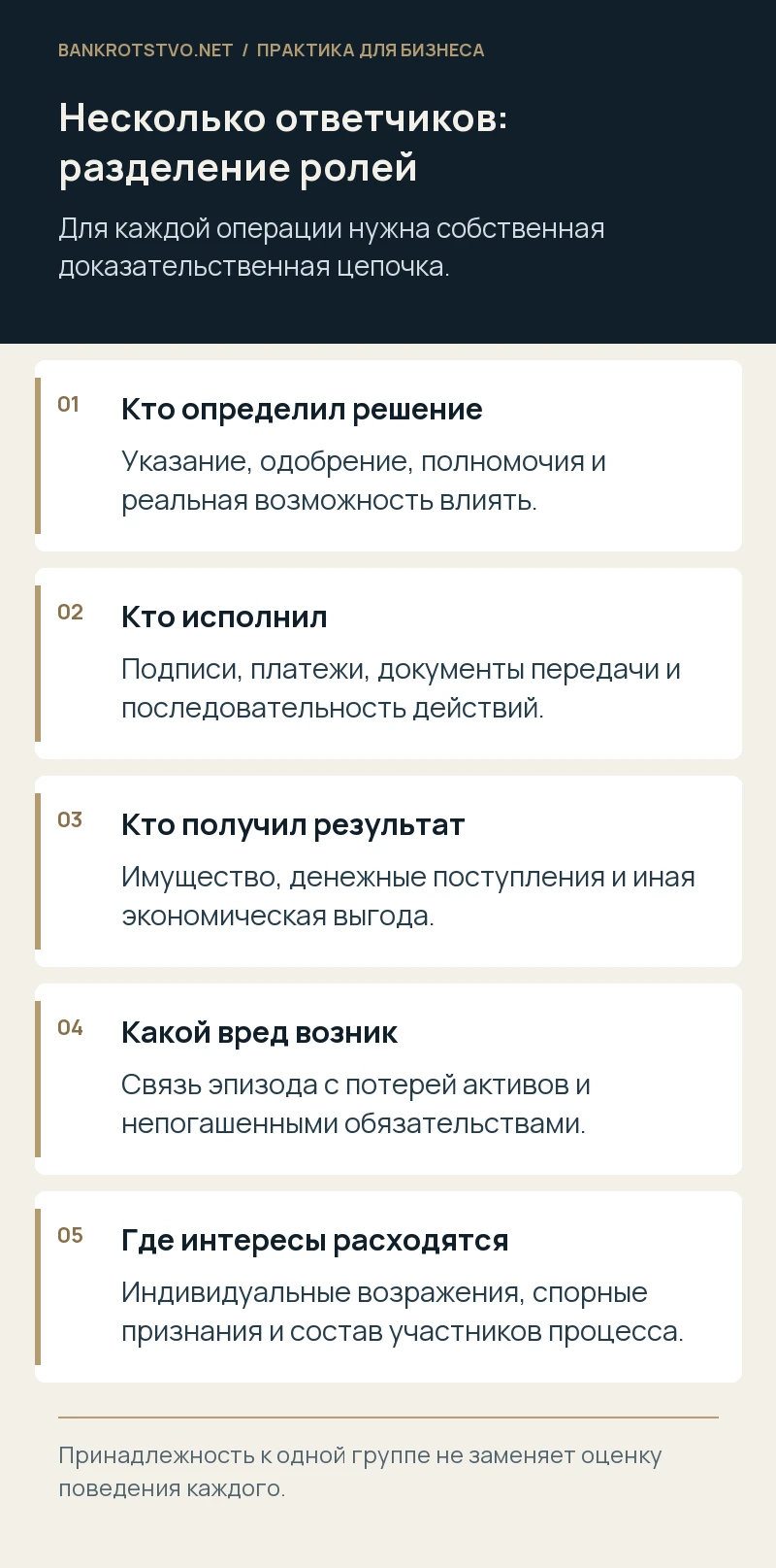 Несколько ответчиков: разделение ролей. Кто определил решение: Указание, одобрение, полномочия и реальная возможность влиять.; Кто исполнил: Подписи, платежи, документы передачи и последовательность действий.; Кто получил результат: Имущество, денежные поступления и иная экономическая выгода.; Какой вред возник: Связь эпизода с потерей активов и непогашенными обязательствами.; Где интересы расходятся: Индивидуальные возражения, спорные признания и состав участников процесса.