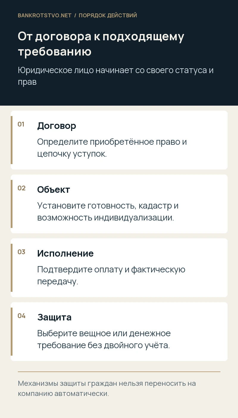 От договора к подходящему требованию. Договор: Определите приобретённое право и цепочку уступок.; Объект: Установите готовность, кадастр и возможность индивидуализации.; Исполнение: Подтвердите оплату и фактическую передачу.; Защита: Выберите вещное или денежное требование без двойного учёта.