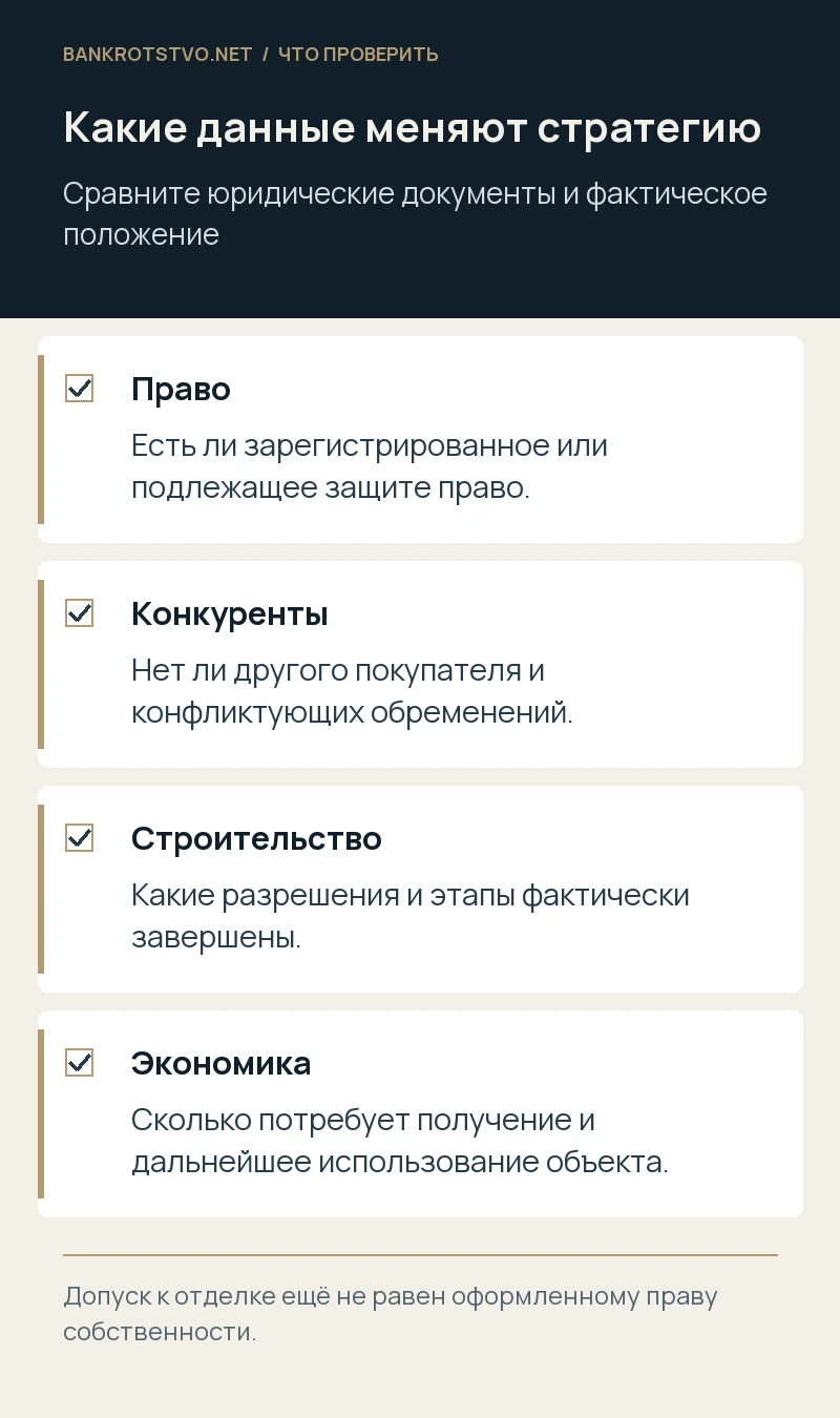 Какие данные меняют стратегию. Право: Есть ли зарегистрированное или подлежащее защите право.; Конкуренты: Нет ли другого покупателя и конфликтующих обременений.; Строительство: Какие разрешения и этапы фактически завершены.; Экономика: Сколько потребует получение и дальнейшее использование объекта.