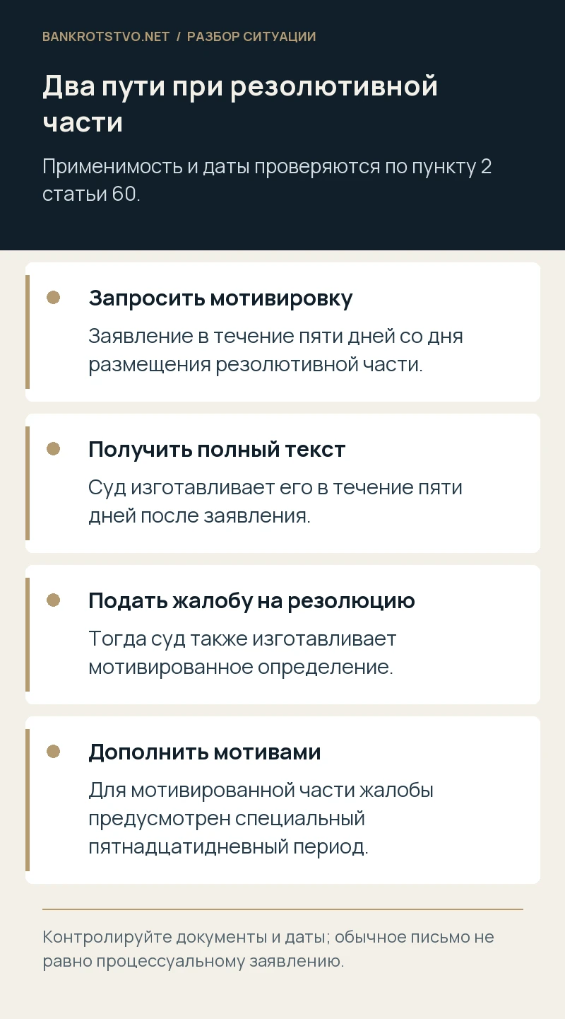 Два пути при резолютивной части. Запросить мотивировку: Заявление в течение пяти дней со дня размещения резолютивной части.; Получить полный текст: Суд изготавливает его в течение пяти дней после заявления.; Подать жалобу на резолюцию: Тогда суд также изготавливает мотивированное определение.; Дополнить мотивами: Для мотивированной части жалобы предусмотрен специальный пятнадцатидневный период.
