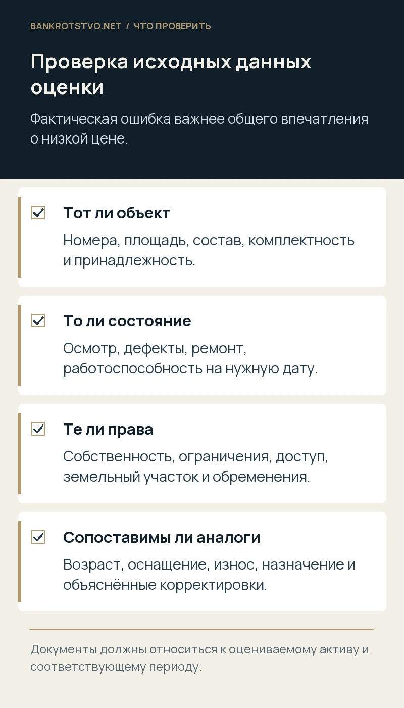 Проверка исходных данных оценки. Тот ли объект: Номера, площадь, состав, комплектность и принадлежность.; То ли состояние: Осмотр, дефекты, ремонт, работоспособность на нужную дату.; Те ли права: Собственность, ограничения, доступ, земельный участок и обременения.; Сопоставимы ли аналоги: Возраст, оснащение, износ, назначение и объяснённые корректировки.