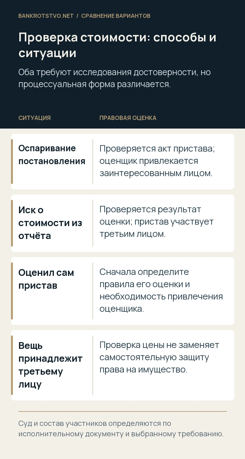 Проверка стоимости: способы и ситуации. Оспаривание постановления: Проверяется акт пристава; оценщик привлекается заинтересованным лицом.; Иск о стоимости из отчёта: Проверяется результат оценки; пристав участвует третьим лицом.; Оценил сам пристав: Сначала определите правила его оценки и необходимость привлечения оценщика.; Вещь принадлежит третьему лицу: Проверка цены не заменяет самостоятельную защиту права на имущество.
