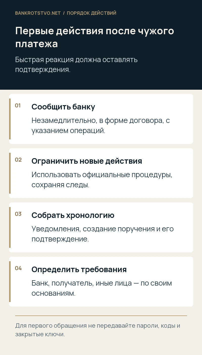 Первые действия после чужого платежа. Сообщить банку: Незамедлительно, в форме договора, с указанием операций.; Ограничить новые действия: Использовать официальные процедуры, сохраняя следы.; Собрать хронологию: Уведомления, создание поручения и его подтверждение.; Определить требования: Банк, получатель, иные лица — по своим основаниям.
