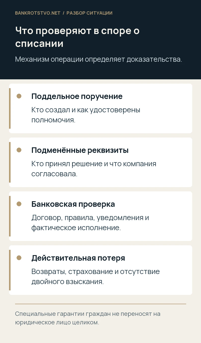 Что проверяют в споре о списании. Поддельное поручение: Кто создал и как удостоверены полномочия.; Подменённые реквизиты: Кто принял решение и что компания согласовала.; Банковская проверка: Договор, правила, уведомления и фактическое исполнение.; Действительная потеря: Возвраты, страхование и отсутствие двойного взыскания.