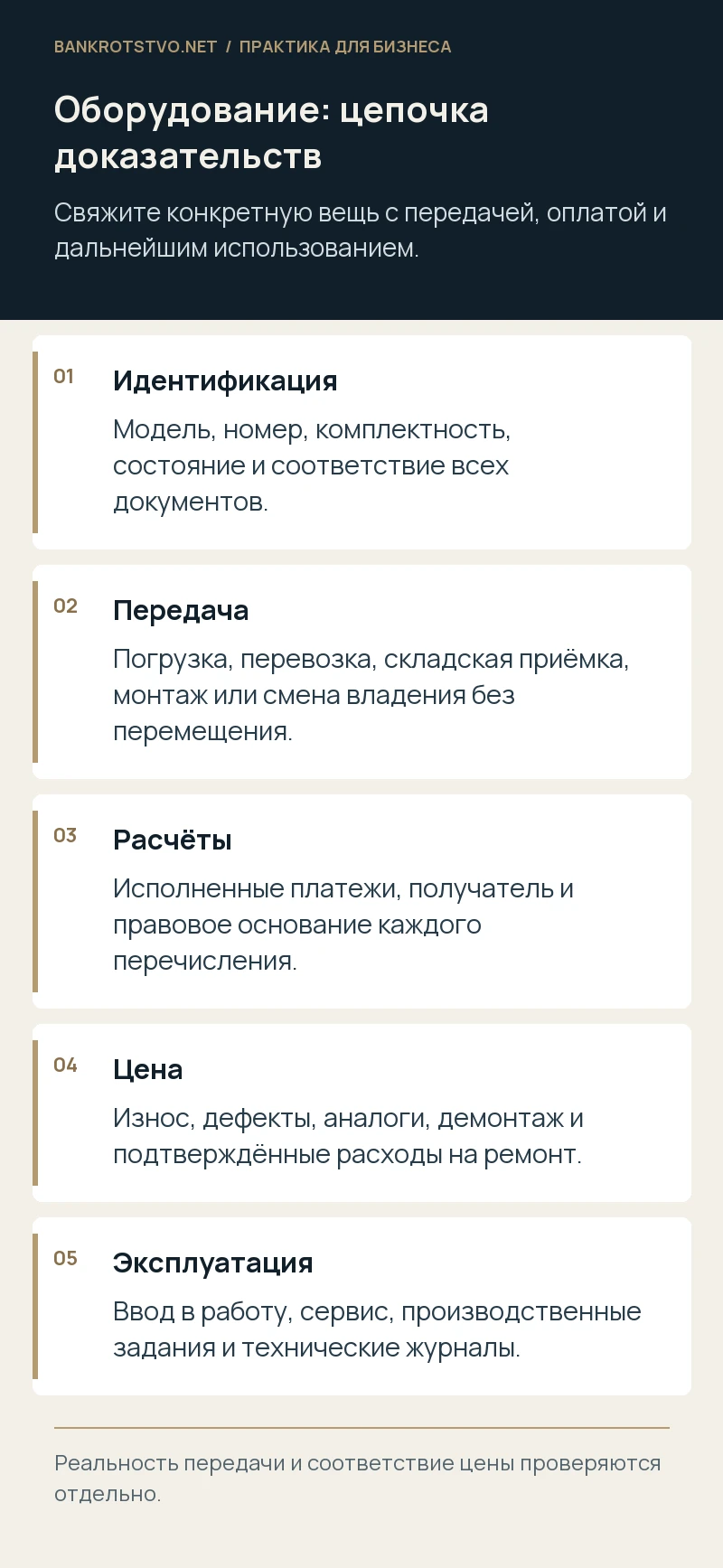 Оборудование: цепочка доказательств. Идентификация: Модель, номер, комплектность, состояние и соответствие всех документов.; Передача: Погрузка, перевозка, складская приёмка, монтаж или смена владения без перемещения.; Расчёты: Исполненные платежи, получатель и правовое основание каждого перечисления.; Цена: Износ, дефекты, аналоги, демонтаж и подтверждённые расходы на ремонт.; Эксплуатация: Ввод в работу, сервис, производственные задания и технические журналы.