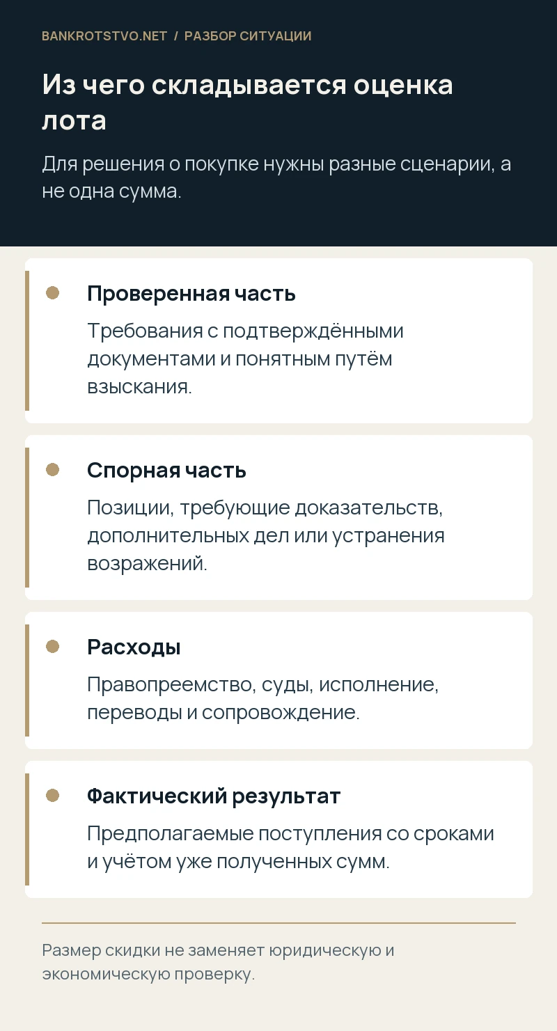 Из чего складывается оценка лота. Проверенная часть: Требования с подтверждёнными документами и понятным путём взыскания.; Спорная часть: Позиции, требующие доказательств, дополнительных дел или устранения возражений.; Расходы: Правопреемство, суды, исполнение, переводы и сопровождение.; Фактический результат: Предполагаемые поступления со сроками и учётом уже полученных сумм.