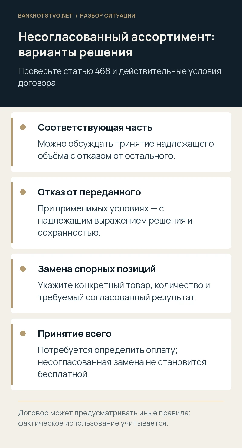 Несогласованный ассортимент: варианты решения. Соответствующая часть: Можно обсуждать принятие надлежащего объёма с отказом от остального.; Отказ от переданного: При применимых условиях — с надлежащим выражением решения и сохранностью.; Замена спорных позиций: Укажите конкретный товар, количество и требуемый согласованный результат.; Принятие всего: Потребуется определить оплату; несогласованная замена не становится бесплатной.