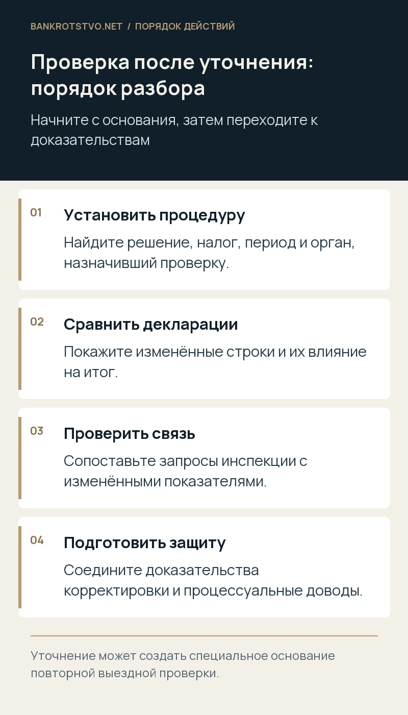 Проверка после уточнения: порядок разбора. Установить процедуру: Найдите решение, налог, период и орган, назначивший проверку.; Сравнить декларации: Покажите изменённые строки и их влияние на итог.; Проверить связь: Сопоставьте запросы инспекции с изменёнными показателями.; Подготовить защиту: Соедините доказательства корректировки и процессуальные доводы.