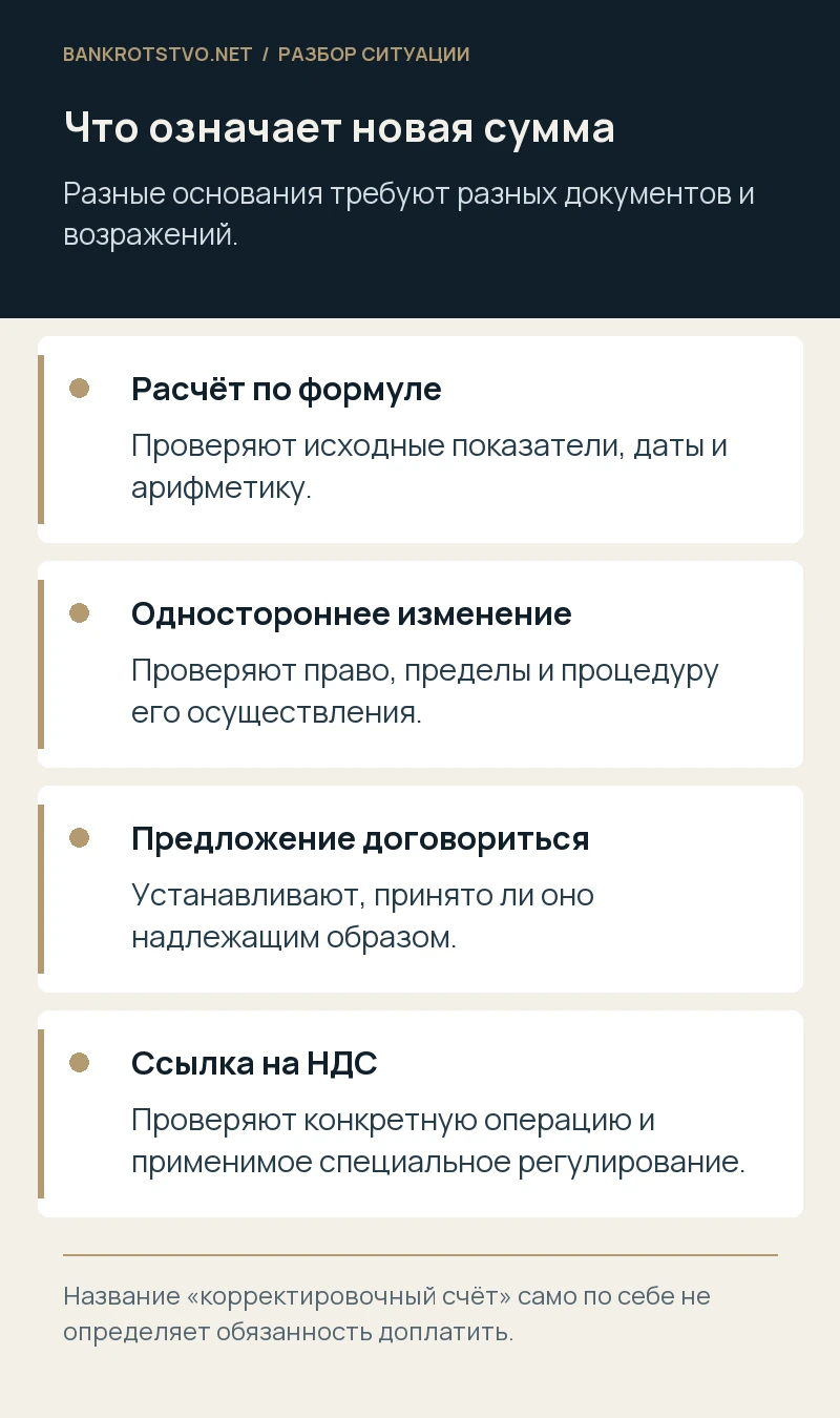 Что означает новая сумма. Расчёт по формуле: Проверяют исходные показатели, даты и арифметику.; Одностороннее изменение: Проверяют право, пределы и процедуру его осуществления.; Предложение договориться: Устанавливают, принято ли оно надлежащим образом.; Ссылка на НДС: Проверяют конкретную операцию и применимое специальное регулирование.