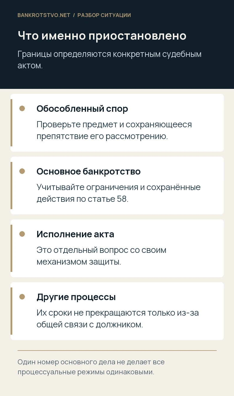 Что именно приостановлено. Обособленный спор: Проверьте предмет и сохраняющееся препятствие его рассмотрению.; Основное банкротство: Учитывайте ограничения и сохранённые действия по статье 58.; Исполнение акта: Это отдельный вопрос со своим механизмом защиты.; Другие процессы: Их сроки не прекращаются только из-за общей связи с должником.