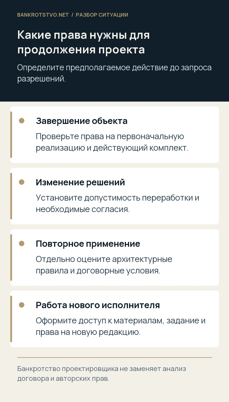 Какие права нужны для продолжения проекта. Завершение объекта: Проверьте права на первоначальную реализацию и действующий комплект.; Изменение решений: Установите допустимость переработки и необходимые согласия.; Повторное применение: Отдельно оцените архитектурные правила и договорные условия.; Работа нового исполнителя: Оформите доступ к материалам, задание и права на новую редакцию.