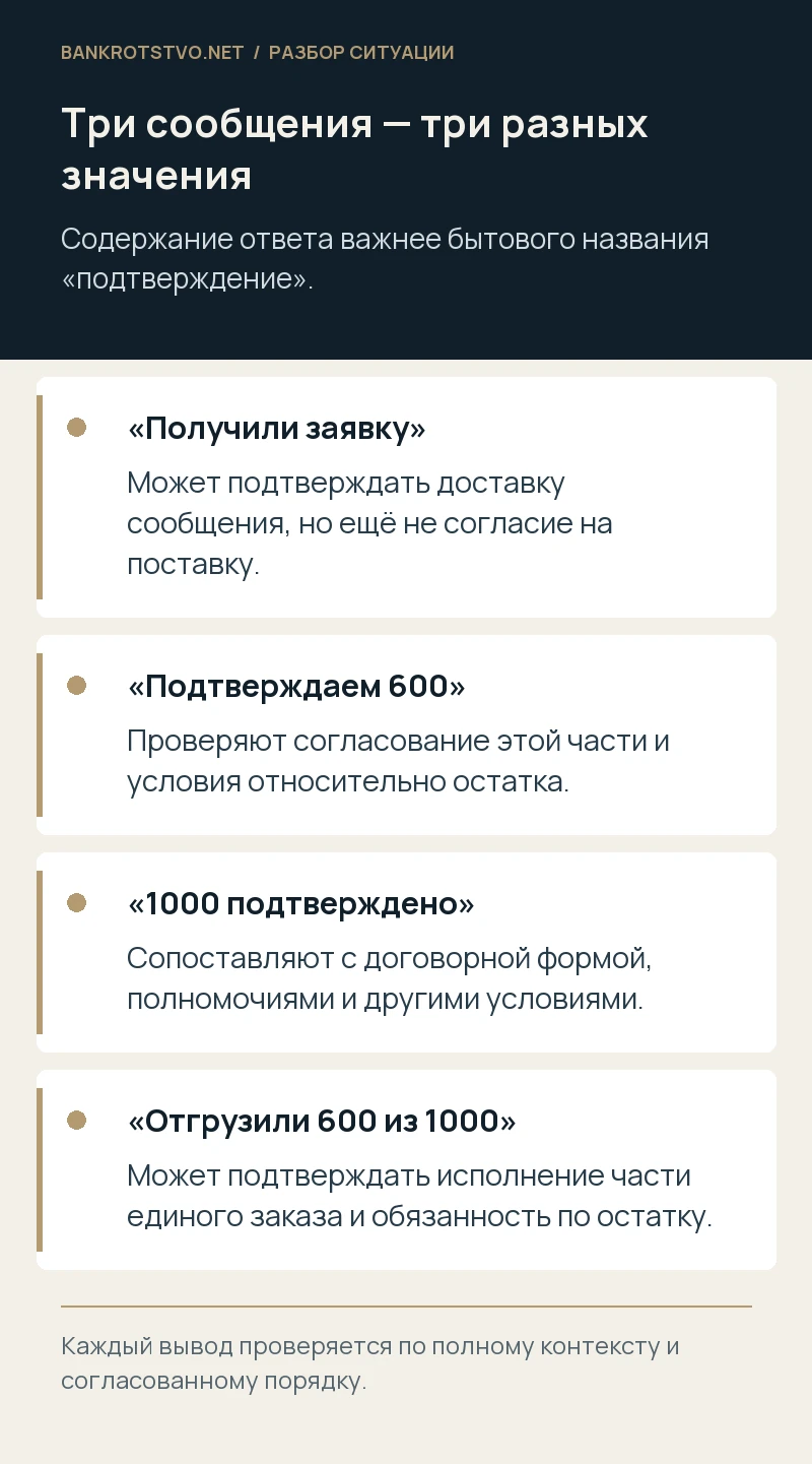 Три сообщения — три разных значения. «Получили заявку»: Может подтверждать доставку сообщения, но ещё не согласие на поставку.; «Подтверждаем 600»: Проверяют согласование этой части и условия относительно остатка.; «1000 подтверждено»: Сопоставляют с договорной формой, полномочиями и другими условиями.; «Отгрузили 600 из 1000»: Может подтверждать исполнение части единого заказа и обязанность по остатку.