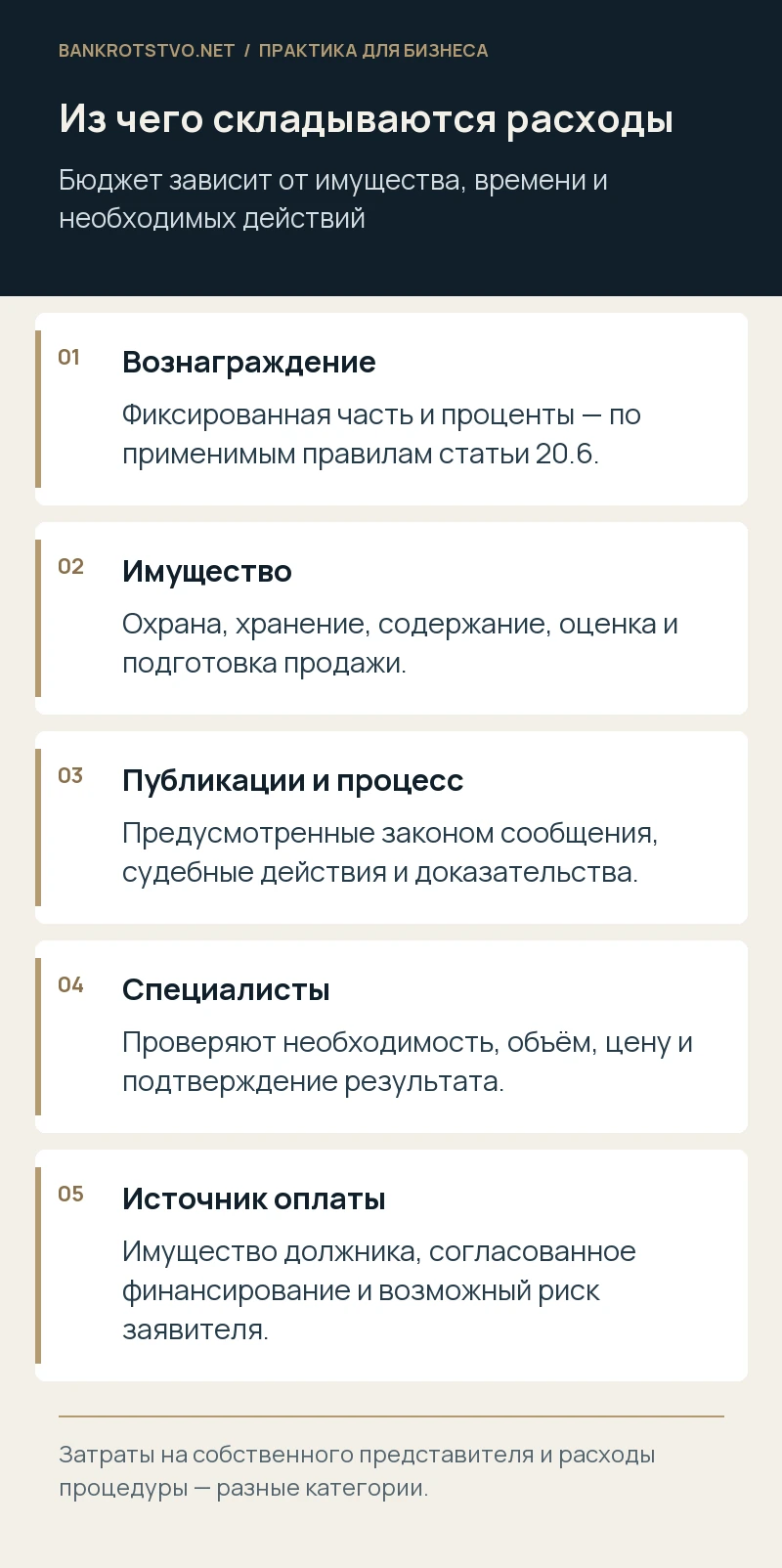 Из чего складываются расходы. Вознаграждение: Фиксированная часть и проценты — по применимым правилам статьи 20.6.; Имущество: Охрана, хранение, содержание, оценка и подготовка продажи.; Публикации и процесс: Предусмотренные законом сообщения, судебные действия и доказательства.; Специалисты: Проверяют необходимость, объём, цену и подтверждение результата.; Источник оплаты: Имущество должника, согласованное финансирование и возможный риск заявителя.