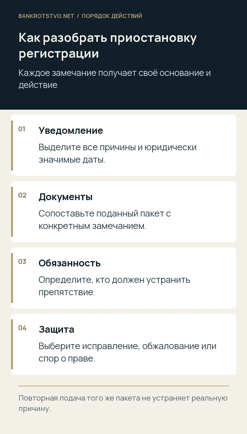 Как разобрать приостановку регистрации. Уведомление: Выделите все причины и юридически значимые даты.; Документы: Сопоставьте поданный пакет с конкретным замечанием.; Обязанность: Определите, кто должен устранить препятствие.; Защита: Выберите исправление, обжалование или спор о праве.