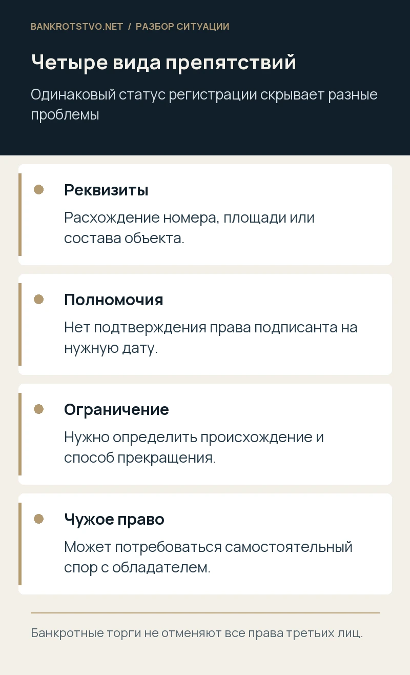 Четыре вида препятствий. Реквизиты: Расхождение номера, площади или состава объекта.; Полномочия: Нет подтверждения права подписанта на нужную дату.; Ограничение: Нужно определить происхождение и способ прекращения.; Чужое право: Может потребоваться самостоятельный спор с обладателем.