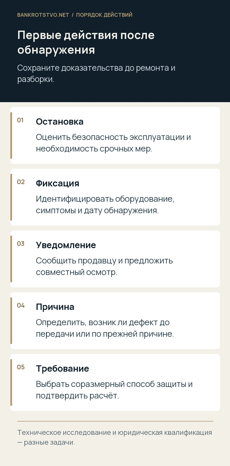 Первые действия после обнаружения. Остановка: Оценить безопасность эксплуатации и необходимость срочных мер.; Фиксация: Идентифицировать оборудование, симптомы и дату обнаружения.; Уведомление: Сообщить продавцу и предложить совместный осмотр.; Причина: Определить, возник ли дефект до передачи или по прежней причине.; Требование: Выбрать соразмерный способ защиты и подтвердить расчёт.