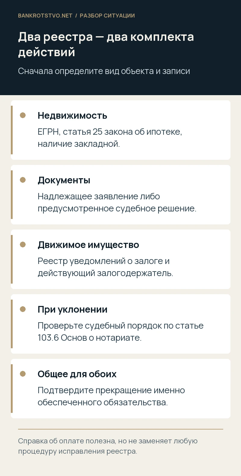 Два реестра — два комплекта действий. Недвижимость: ЕГРН, статья 25 закона об ипотеке, наличие закладной.; Документы: Надлежащее заявление либо предусмотренное судебное решение.; Движимое имущество: Реестр уведомлений о залоге и действующий залогодержатель.; При уклонении: Проверьте судебный порядок по статье 103.6 Основ о нотариате.; Общее для обоих: Подтвердите прекращение именно обеспеченного обязательства.