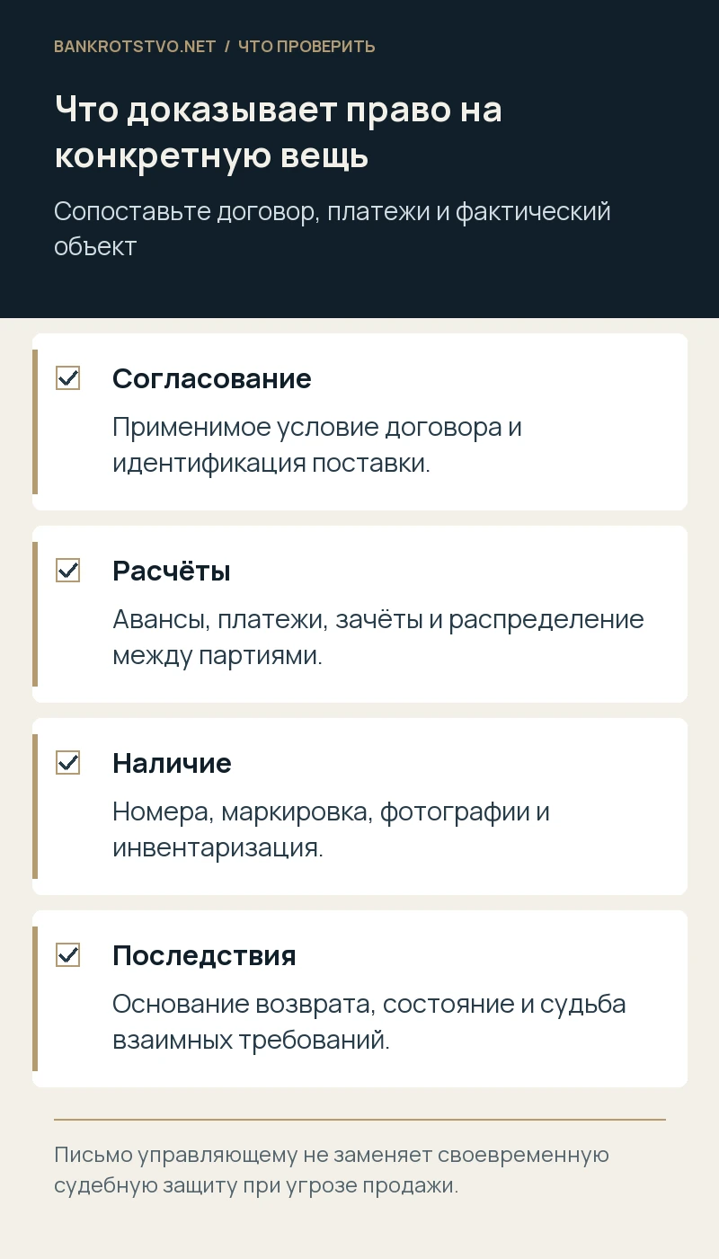 Что доказывает право на конкретную вещь. Согласование: Применимое условие договора и идентификация поставки.; Расчёты: Авансы, платежи, зачёты и распределение между партиями.; Наличие: Номера, маркировка, фотографии и инвентаризация.; Последствия: Основание возврата, состояние и судьба взаимных требований.