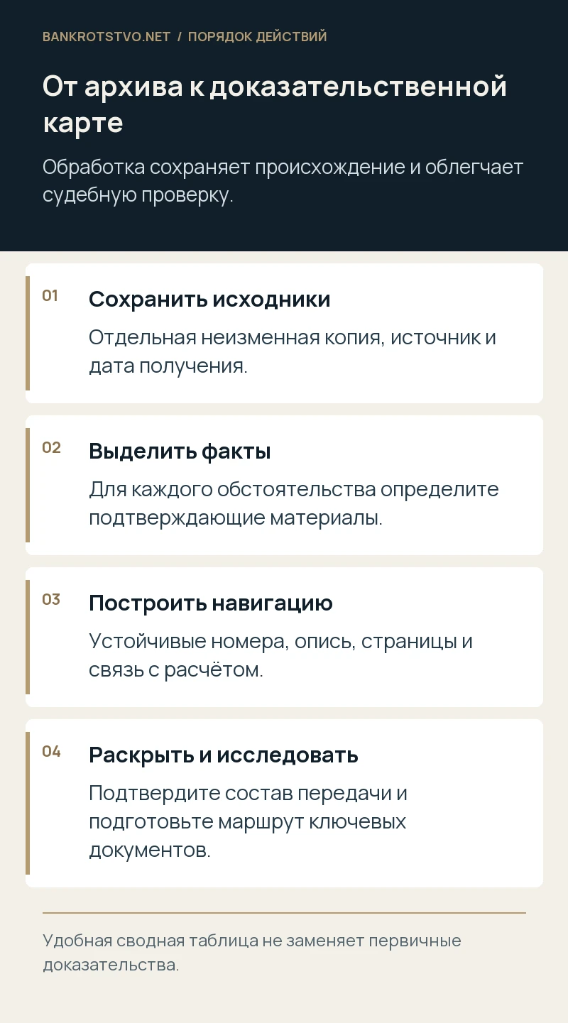 От архива к доказательственной карте. Сохранить исходники: Отдельная неизменная копия, источник и дата получения.; Выделить факты: Для каждого обстоятельства определите подтверждающие материалы.; Построить навигацию: Устойчивые номера, опись, страницы и связь с расчётом.; Раскрыть и исследовать: Подтвердите состав передачи и подготовьте маршрут ключевых документов.