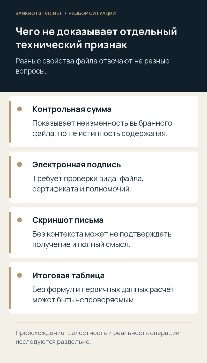 Чего не доказывает отдельный технический признак. Контрольная сумма: Показывает неизменность выбранного файла, но не истинность содержания.; Электронная подпись: Требует проверки вида, файла, сертификата и полномочий.; Скриншот письма: Без контекста может не подтверждать получение и полный смысл.; Итоговая таблица: Без формул и первичных данных расчёт может быть непроверяемым.