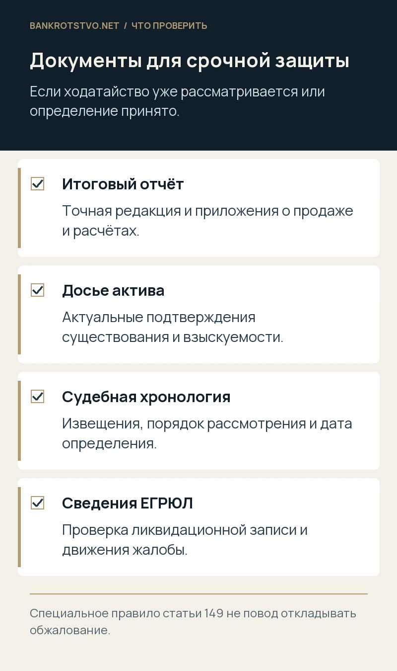 Документы для срочной защиты. Итоговый отчёт: Точная редакция и приложения о продаже и расчётах.; Досье актива: Актуальные подтверждения существования и взыскуемости.; Судебная хронология: Извещения, порядок рассмотрения и дата определения.; Сведения ЕГРЮЛ: Проверка ликвидационной записи и движения жалобы.
