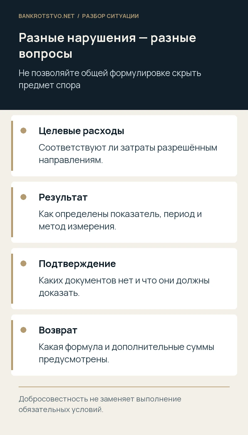 Разные нарушения — разные вопросы. Целевые расходы: Соответствуют ли затраты разрешённым направлениям.; Результат: Как определены показатель, период и метод измерения.; Подтверждение: Каких документов нет и что они должны доказать.; Возврат: Какая формула и дополнительные суммы предусмотрены.