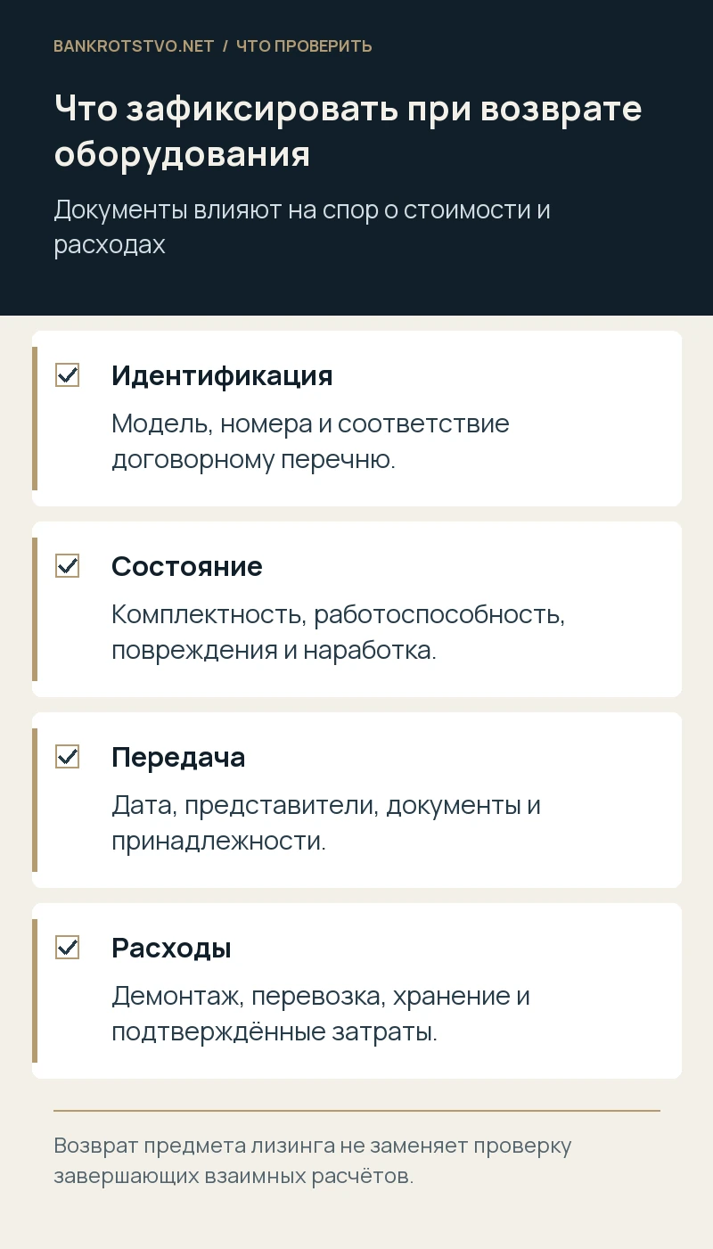 Что зафиксировать при возврате оборудования. Идентификация: Модель, номера и соответствие договорному перечню.; Состояние: Комплектность, работоспособность, повреждения и наработка.; Передача: Дата, представители, документы и принадлежности.; Расходы: Демонтаж, перевозка, хранение и подтверждённые затраты.
